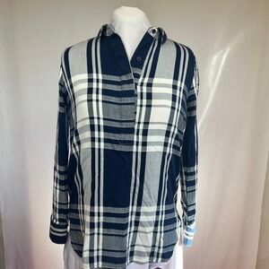 Liz‎ Claiborne Navy White Plaid Button Front Long Sleeve Shirt Womens Medium